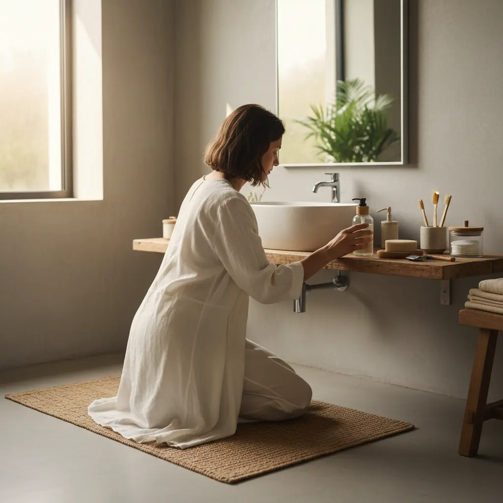 Person organizing minimal bathroom